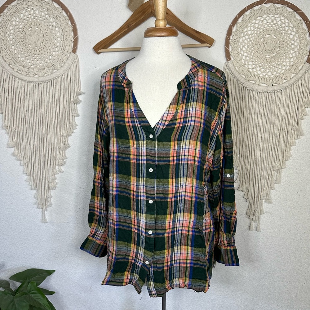 Simply Emma orange and green plaid button front flannel top 2X
